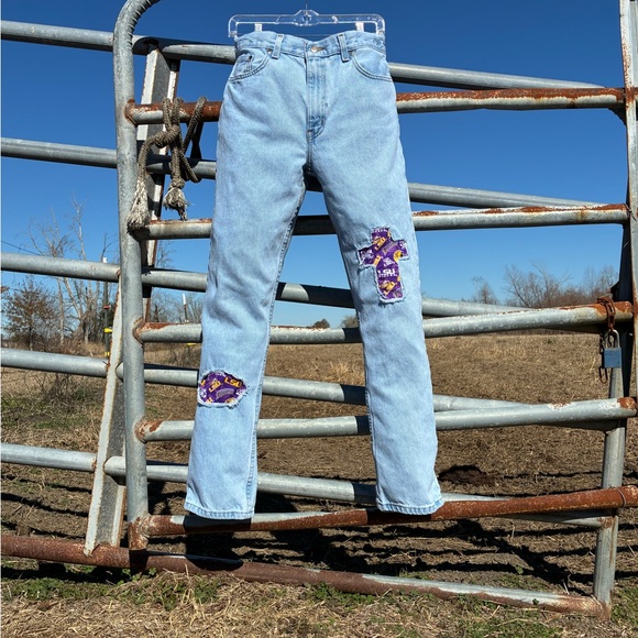 George Light Blue Straight Jeans with Purple/Gold LSU Tigers Patches - Picture 2 of 11